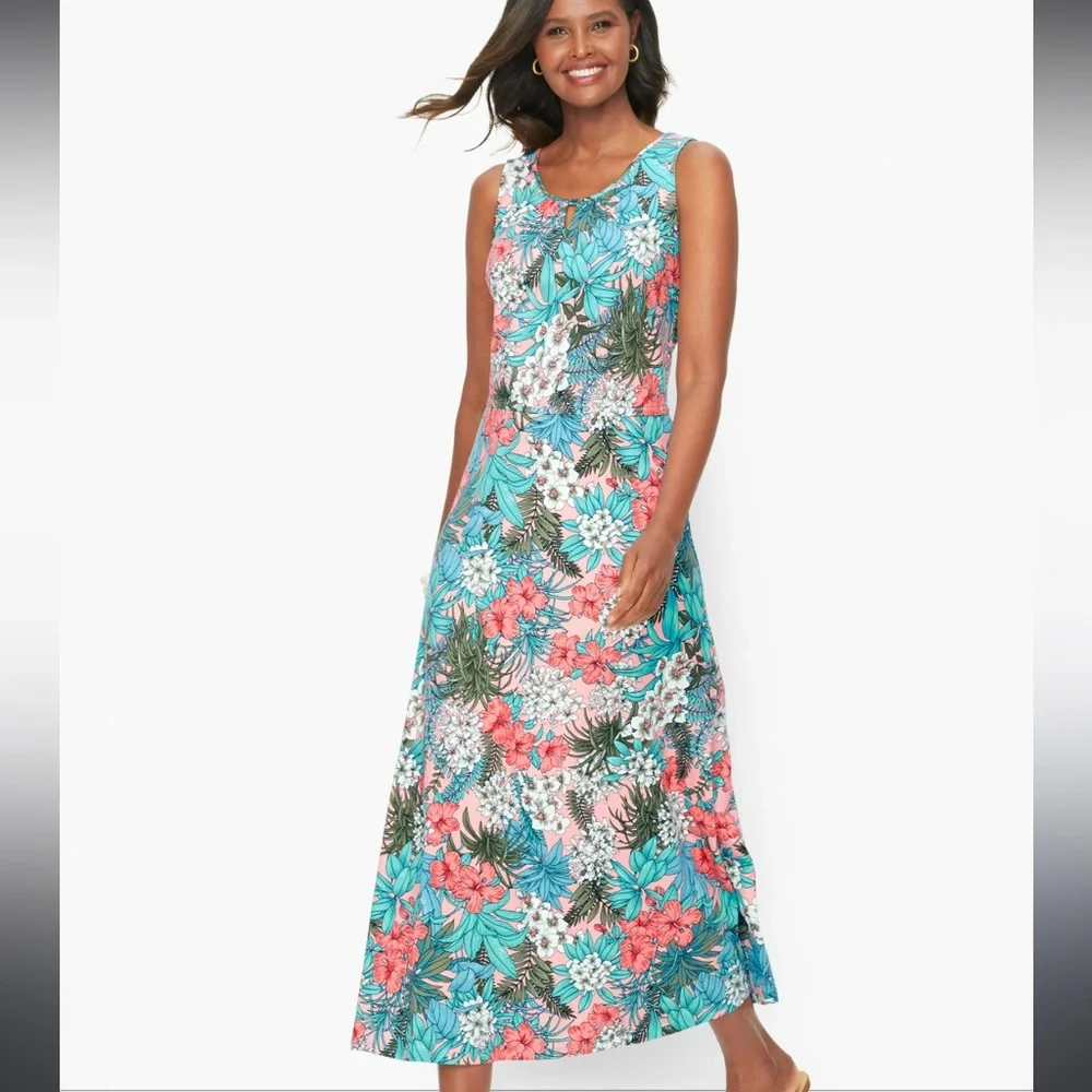 TALBOTS FLORAL JUNGLE JERSEY MAXI DRESS SLEEVELESS SUPER SOFT TROPICAL SZ L‎